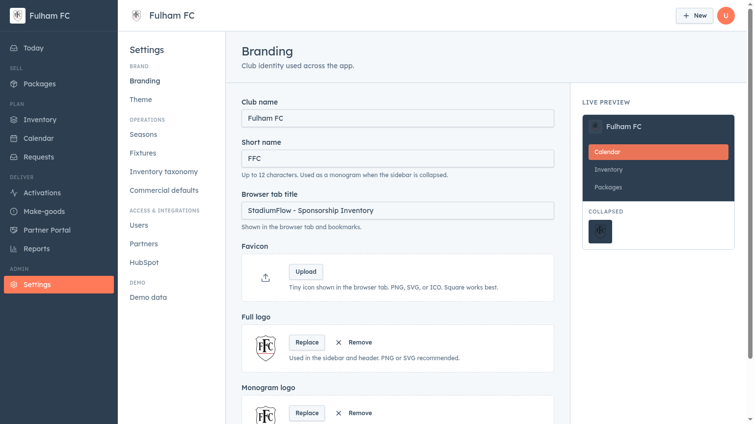 Settings screen