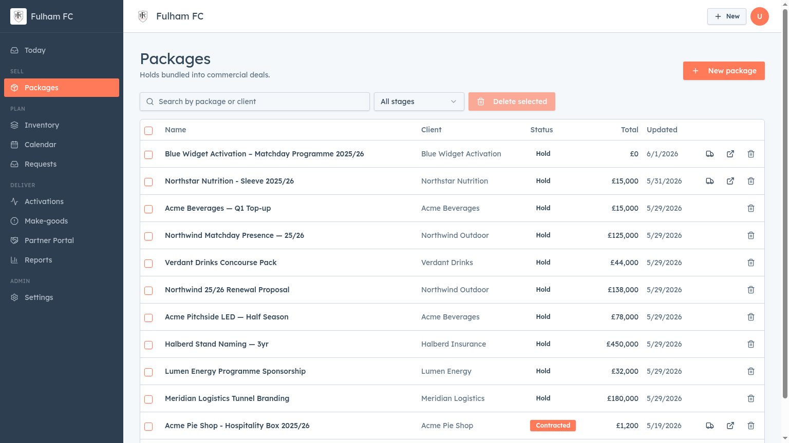 Packages screen